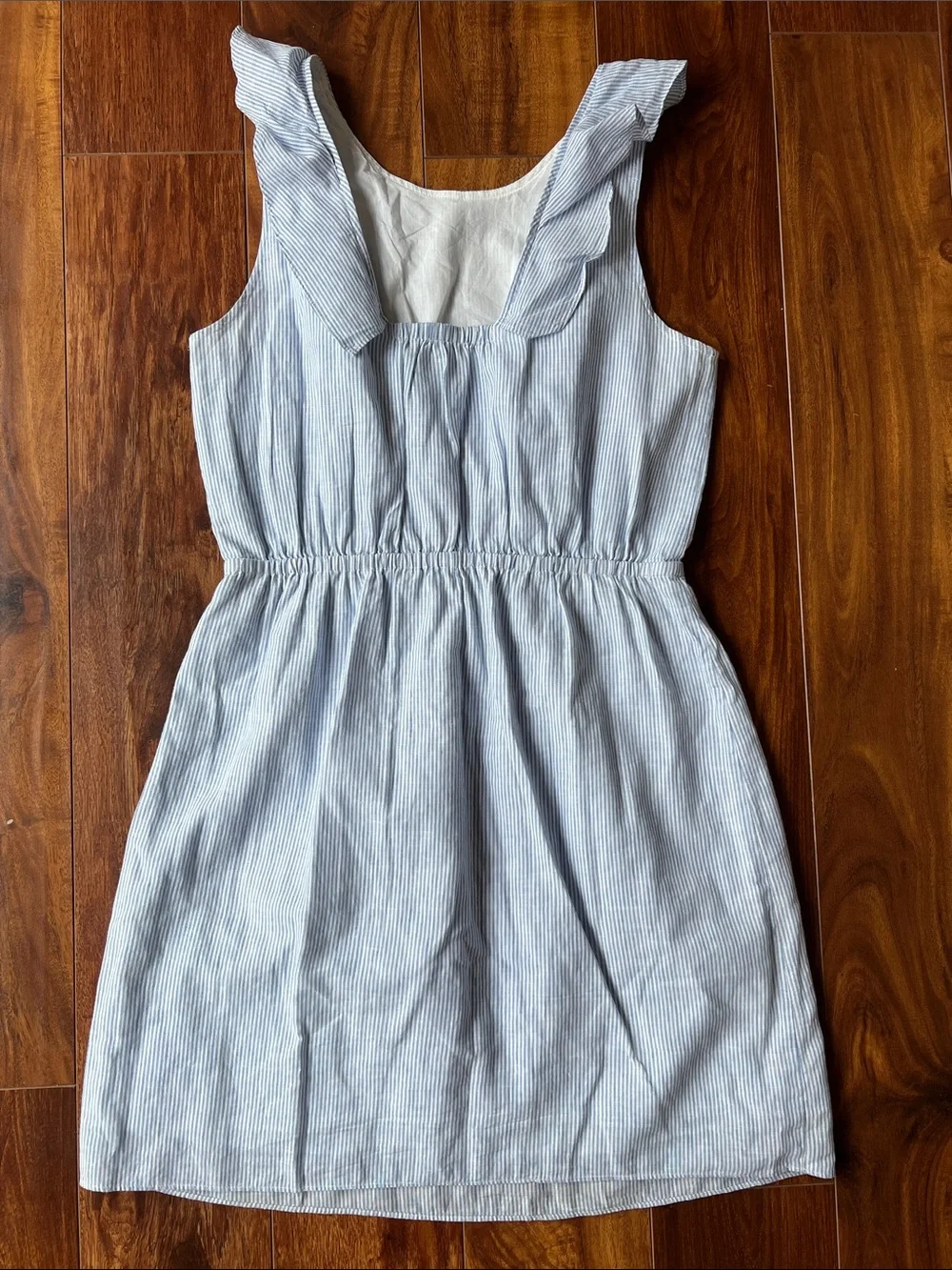 J. Crew Light Blue Pinstripe Ruffle-Shoulder Mini Dress